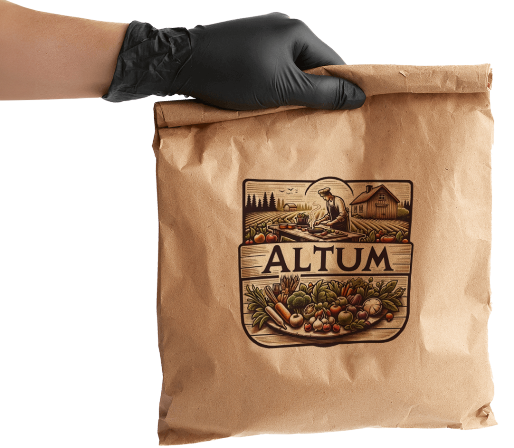 persona con una bolsa de delivery en la mano con el logo de altum foods