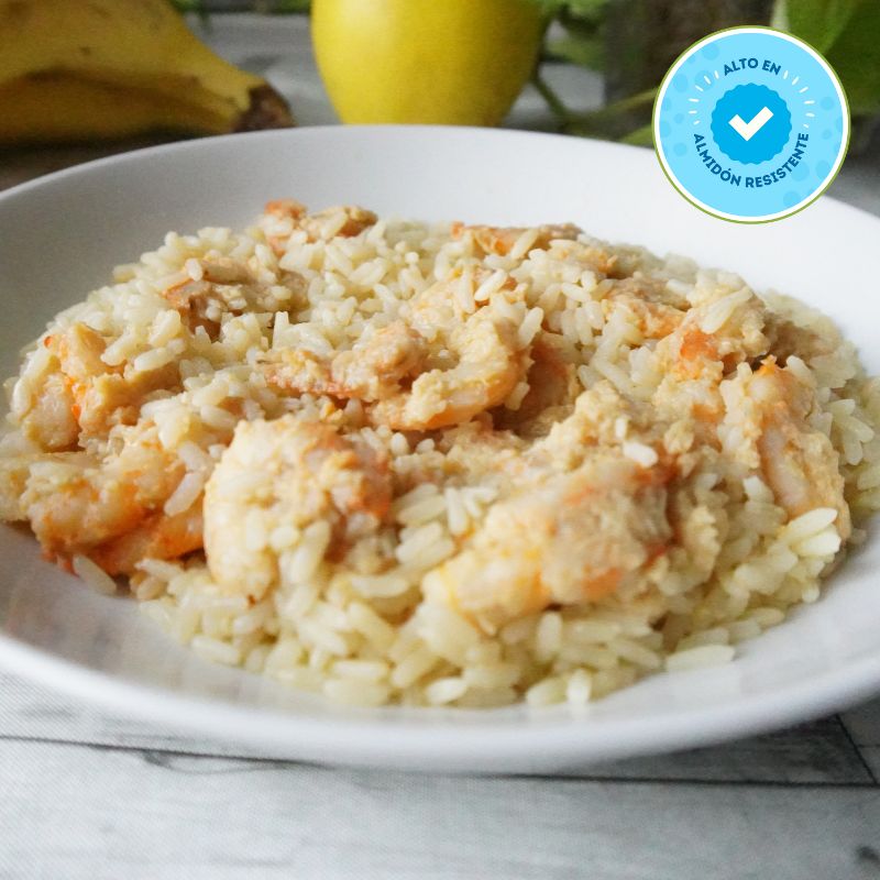 Plato de Altum Foods de Arroz con gambas al ajillo